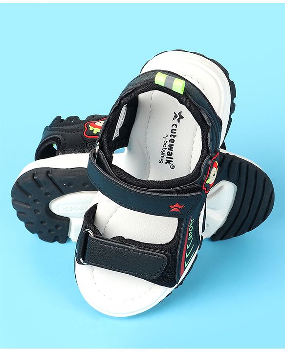 Cute Walk by Babyhug Velcro Closure Sandals with Space Theme Print & Applique - Black