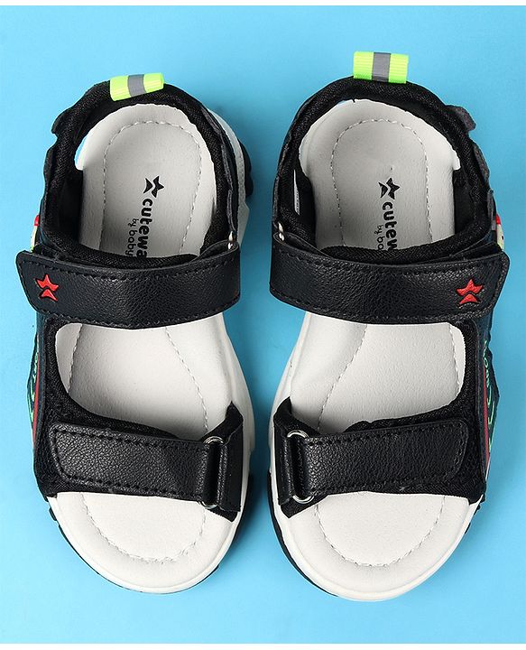Cute Walk by Babyhug Velcro Closure Sandals with Space Theme Print & Applique - Black