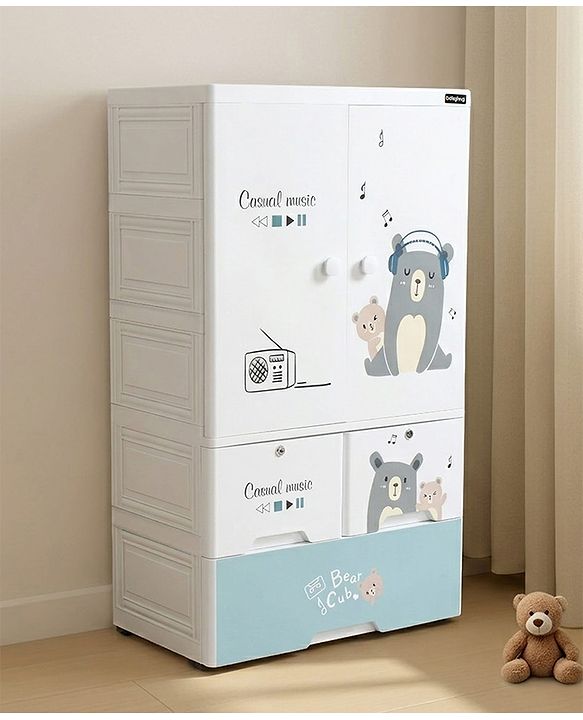 Babyhug 3 Layer Plastic Kids Wardrobe & Storage Cabinet with Wheels  Bear & Music - White| Multipurpose Organizer for Toys, Books & Clothes| Anti-Slip Base| Easy Assembly| Sturdy High Density Plastic