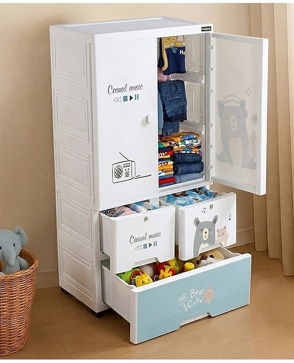Babyhug 3 Layer Plastic Kids Wardrobe & Storage Cabinet with Wheels  Bear & Music - White| Multipurpose Organizer for Toys, Books & Clothes| Anti-Slip Base| Easy Assembly| Sturdy High Density Plastic