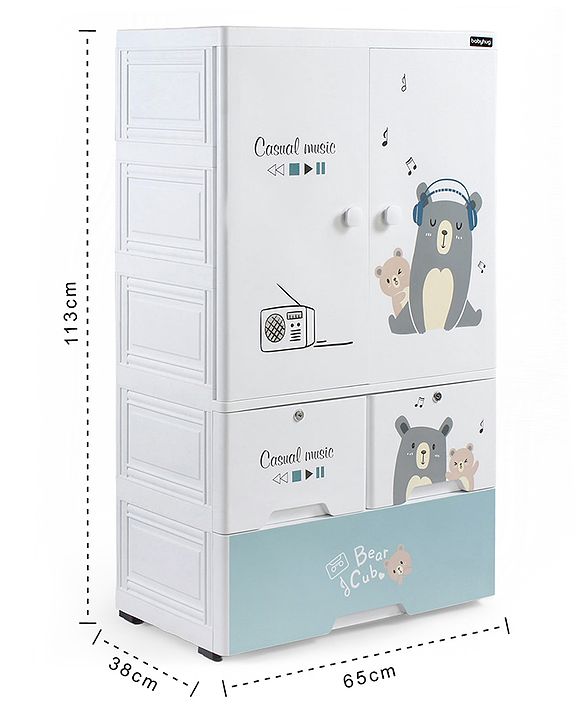 Babyhug 3 Layer Plastic Kids Wardrobe & Storage Cabinet with Wheels  Bear & Music - White| Multipurpose Organizer for Toys, Books & Clothes| Anti-Slip Base| Easy Assembly| Sturdy High Density Plastic
