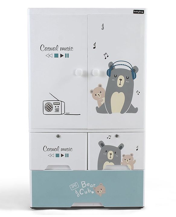 Babyhug 3 Layer Plastic Kids Wardrobe & Storage Cabinet with Wheels  Bear & Music - White| Multipurpose Organizer for Toys, Books & Clothes| Anti-Slip Base| Easy Assembly| Sturdy High Density Plastic