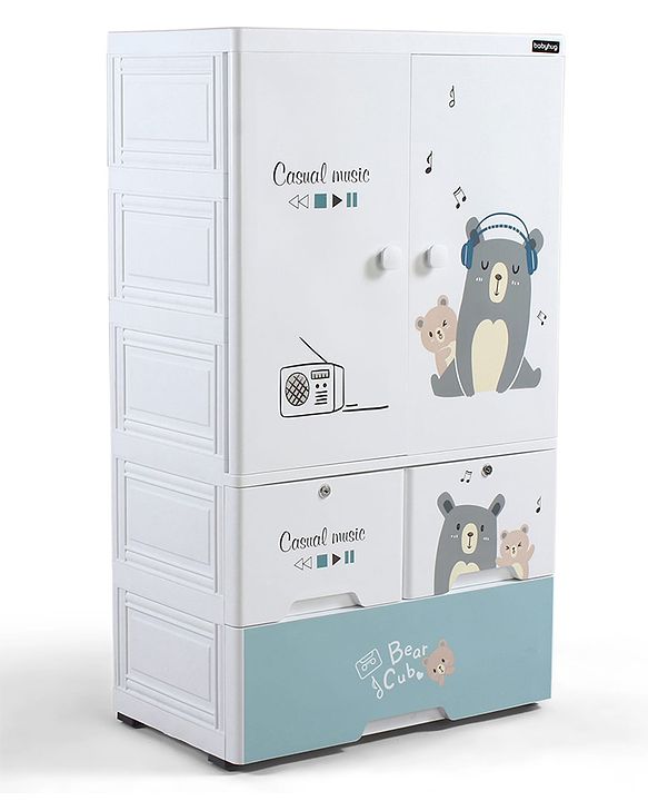 Babyhug 3 Layer Plastic Kids Wardrobe & Storage Cabinet with Wheels  Bear & Music - White| Multipurpose Organizer for Toys, Books & Clothes| Anti-Slip Base| Easy Assembly| Sturdy High Density Plastic