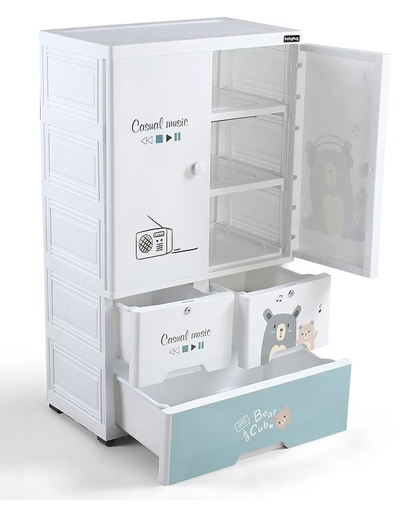 Babyhug 3 Layer Plastic Kids Wardrobe & Storage Cabinet with Wheels  Bear & Music - White| Multipurpose Organizer for Toys, Books & Clothes| Anti-Slip Base| Easy Assembly| Sturdy High Density Plastic