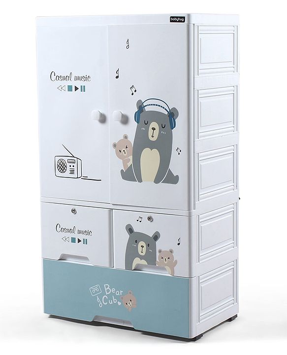 Babyhug 3 Layer Plastic Kids Wardrobe & Storage Cabinet with Wheels  Bear & Music - White| Multipurpose Organizer for Toys, Books & Clothes| Anti-Slip Base| Easy Assembly| Sturdy High Density Plastic
