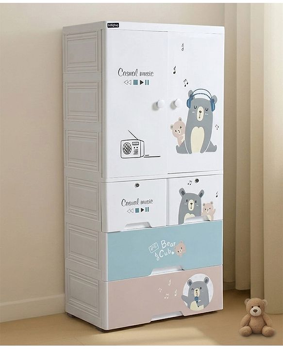 Babyhug 4 Layer Plastic Kids Wardrobe & Storage Cabinet with Wheels  Bear & Music - White| Multipurpose Organizer for Toys, Books & Clothes| Anti-Slip Base| Easy Assembly| Sturdy High Density Plastic