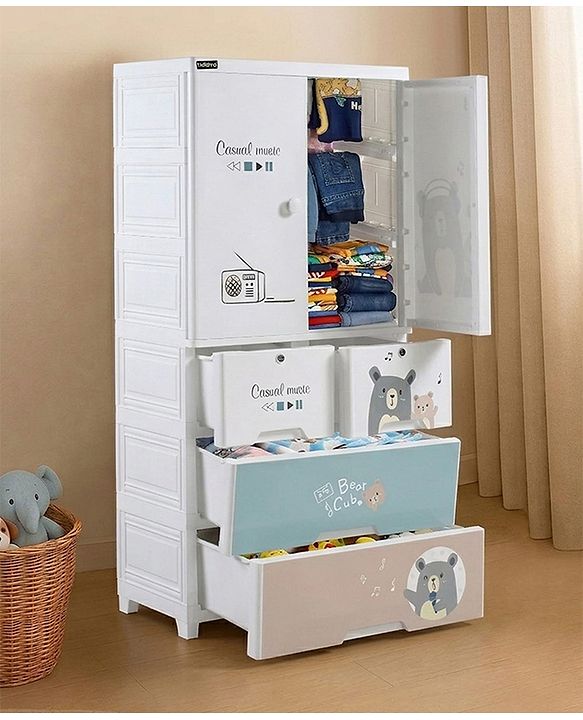 Babyhug 4 Layer Plastic Kids Wardrobe & Storage Cabinet with Wheels  Bear & Music - White| Multipurpose Organizer for Toys, Books & Clothes| Anti-Slip Base| Easy Assembly| Sturdy High Density Plastic