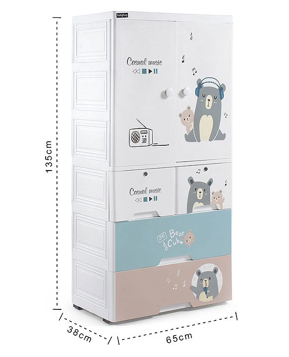 Babyhug 4 Layer Plastic Kids Wardrobe & Storage Cabinet with Wheels  Bear & Music - White| Multipurpose Organizer for Toys, Books & Clothes| Anti-Slip Base| Easy Assembly| Sturdy High Density Plastic