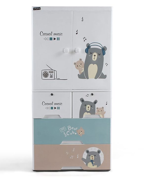 Babyhug 4 Layer Plastic Kids Wardrobe & Storage Cabinet with Wheels  Bear & Music - White| Multipurpose Organizer for Toys, Books & Clothes| Anti-Slip Base| Easy Assembly| Sturdy High Density Plastic