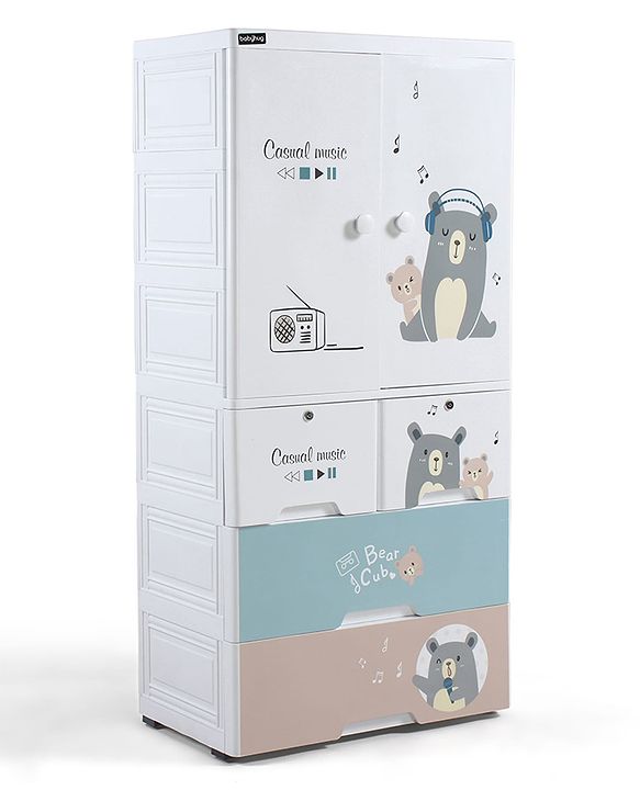 Babyhug 4 Layer Plastic Kids Wardrobe & Storage Cabinet with Wheels  Bear & Music - White| Multipurpose Organizer for Toys, Books & Clothes| Anti-Slip Base| Easy Assembly| Sturdy High Density Plastic