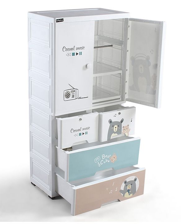 Babyhug 4 Layer Plastic Kids Wardrobe & Storage Cabinet with Wheels  Bear & Music - White| Multipurpose Organizer for Toys, Books & Clothes| Anti-Slip Base| Easy Assembly| Sturdy High Density Plastic