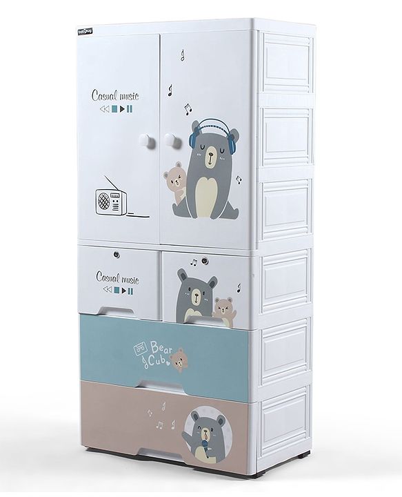 Babyhug 4 Layer Plastic Kids Wardrobe & Storage Cabinet with Wheels  Bear & Music - White| Multipurpose Organizer for Toys, Books & Clothes| Anti-Slip Base| Easy Assembly| Sturdy High Density Plastic