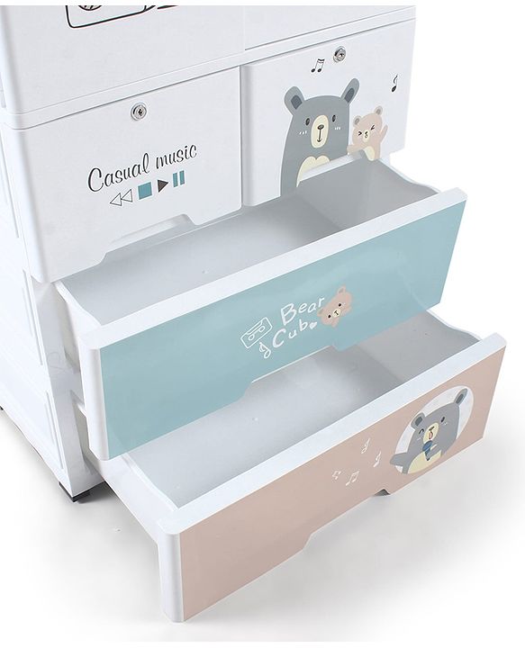 Babyhug 4 Layer Plastic Kids Wardrobe & Storage Cabinet with Wheels  Bear & Music - White| Multipurpose Organizer for Toys, Books & Clothes| Anti-Slip Base| Easy Assembly| Sturdy High Density Plastic