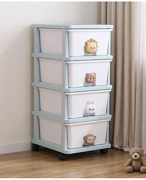 Babyhug 4-Layer Movable Kids Storage Cabinet Safari Theme Lockable Wheels High-Density Plastic Multi-utility Toy, Clothes & Book Organizer Easy Clean & Child-Safe Design Tool-free Assembly  Blue