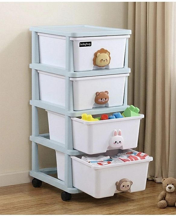 Babyhug 4-Layer Movable Kids Storage Cabinet Safari Theme Lockable Wheels High-Density Plastic Multi-utility Toy, Clothes & Book Organizer Easy Clean & Child-Safe Design Tool-free Assembly  Blue