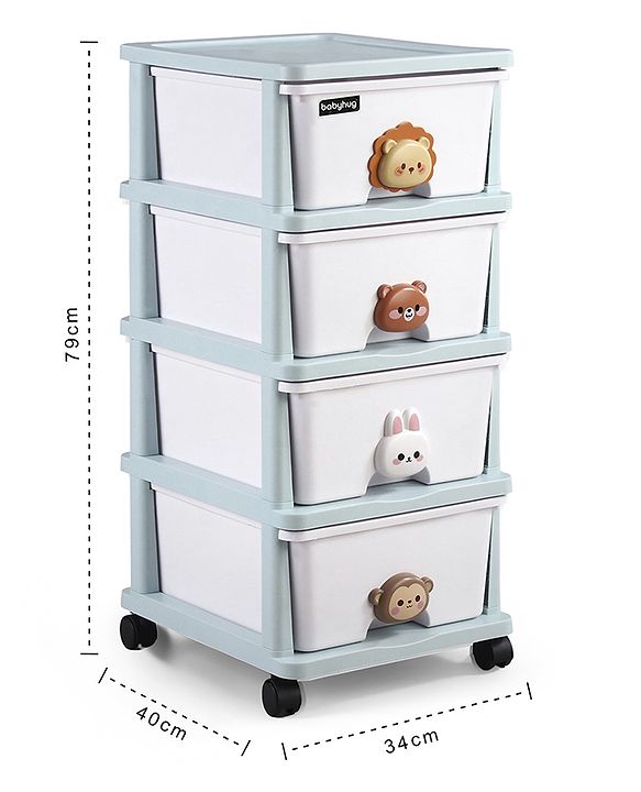 Babyhug 4-Layer Movable Kids Storage Cabinet Safari Theme Lockable Wheels High-Density Plastic Multi-utility Toy, Clothes & Book Organizer Easy Clean & Child-Safe Design Tool-free Assembly  Blue