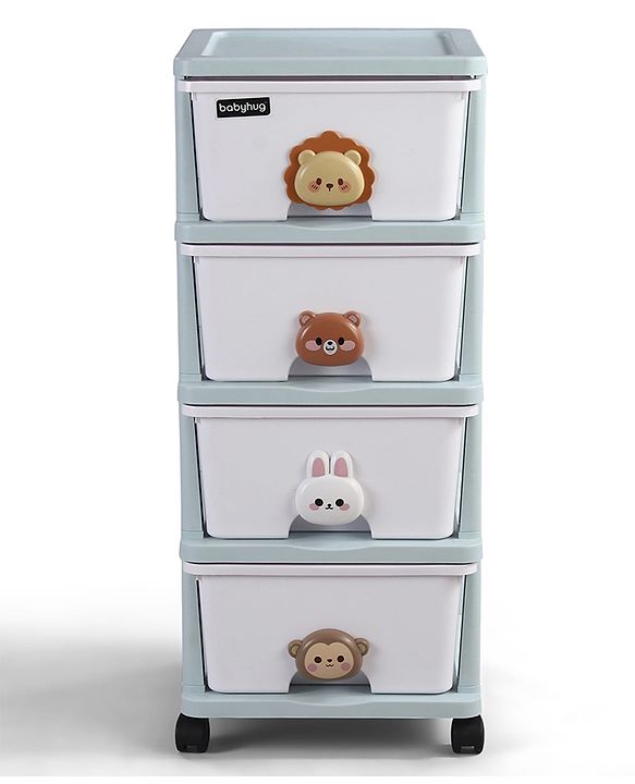 Babyhug 4-Layer Movable Kids Storage Cabinet Safari Theme Lockable Wheels High-Density Plastic Multi-utility Toy, Clothes & Book Organizer Easy Clean & Child-Safe Design Tool-free Assembly  Blue
