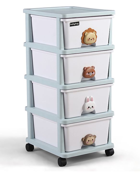 Babyhug 4-Layer Movable Kids Storage Cabinet Safari Theme Lockable Wheels High-Density Plastic Multi-utility Toy, Clothes & Book Organizer Easy Clean & Child-Safe Design Tool-free Assembly  Blue