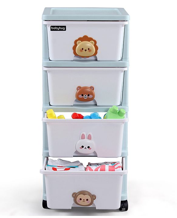 Babyhug 4-Layer Movable Kids Storage Cabinet Safari Theme Lockable Wheels High-Density Plastic Multi-utility Toy, Clothes & Book Organizer Easy Clean & Child-Safe Design Tool-free Assembly  Blue
