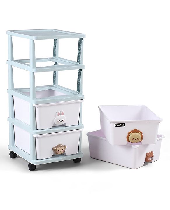 Babyhug 4-Layer Movable Kids Storage Cabinet Safari Theme Lockable Wheels High-Density Plastic Multi-utility Toy, Clothes & Book Organizer Easy Clean & Child-Safe Design Tool-free Assembly  Blue