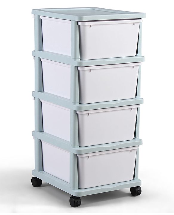 Babyhug 4-Layer Movable Kids Storage Cabinet Safari Theme Lockable Wheels High-Density Plastic Multi-utility Toy, Clothes & Book Organizer Easy Clean & Child-Safe Design Tool-free Assembly  Blue