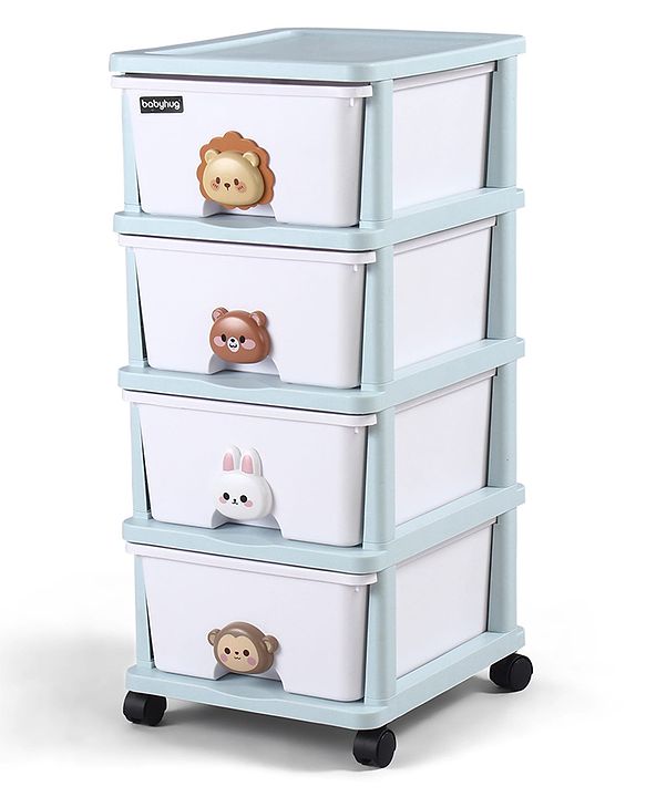 Babyhug 4-Layer Movable Kids Storage Cabinet Safari Theme Lockable Wheels High-Density Plastic Multi-utility Toy, Clothes & Book Organizer Easy Clean & Child-Safe Design Tool-free Assembly  Blue