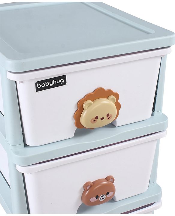 Babyhug 4-Layer Movable Kids Storage Cabinet Safari Theme Lockable Wheels High-Density Plastic Multi-utility Toy, Clothes & Book Organizer Easy Clean & Child-Safe Design Tool-free Assembly  Blue