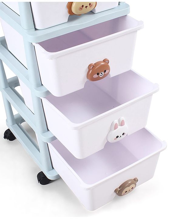 Babyhug 4-Layer Movable Kids Storage Cabinet Safari Theme Lockable Wheels High-Density Plastic Multi-utility Toy, Clothes & Book Organizer Easy Clean & Child-Safe Design Tool-free Assembly  Blue