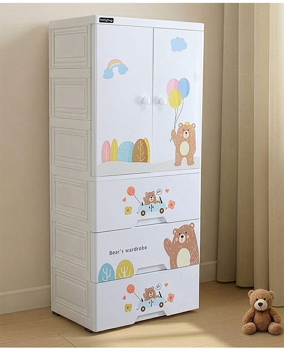 Babyhug 4 Layer High Density Plastic Storage Cabinet Bear & Balloon Easy to Assemble Storage Organizer Smooth Wheels Easy Access Draws Easy Maintenance Cloths Toys & Book Organizer- White