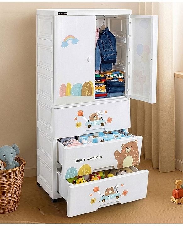 Babyhug 4 Layer High Density Plastic Storage Cabinet Bear & Balloon Easy to Assemble Storage Organizer Smooth Wheels Easy Access Draws Easy Maintenance Cloths Toys & Book Organizer- White