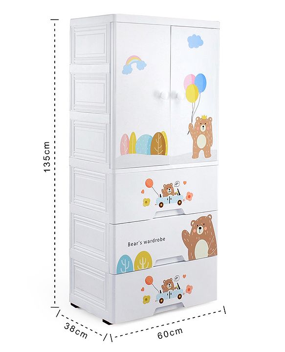 Babyhug 4 Layer High Density Plastic Storage Cabinet Bear & Balloon Easy to Assemble Storage Organizer Smooth Wheels Easy Access Draws Easy Maintenance Cloths Toys & Book Organizer- White