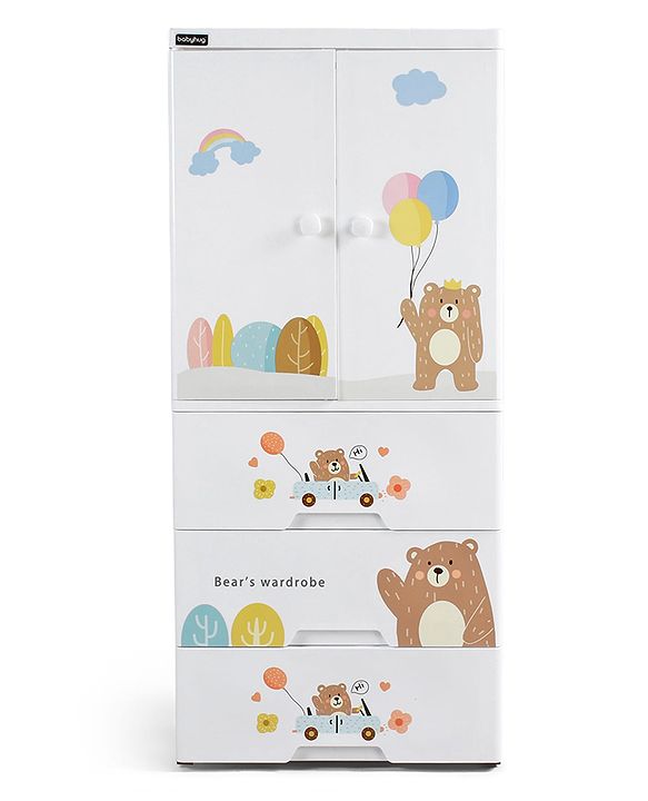 Babyhug 4 Layer High Density Plastic Storage Cabinet Bear & Balloon Easy to Assemble Storage Organizer Smooth Wheels Easy Access Draws Easy Maintenance Cloths Toys & Book Organizer- White