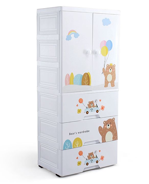 Babyhug 4 Layer High Density Plastic Storage Cabinet Bear & Balloon Easy to Assemble Storage Organizer Smooth Wheels Easy Access Draws Easy Maintenance Cloths Toys & Book Organizer- White
