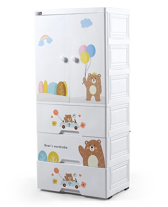 Babyhug 4 Layer High Density Plastic Storage Cabinet Bear & Balloon Easy to Assemble Storage Organizer Smooth Wheels Easy Access Draws Easy Maintenance Cloths Toys & Book Organizer- White