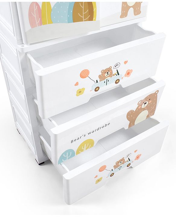 Babyhug 4 Layer High Density Plastic Storage Cabinet Bear & Balloon Easy to Assemble Storage Organizer Smooth Wheels Easy Access Draws Easy Maintenance Cloths Toys & Book Organizer- White