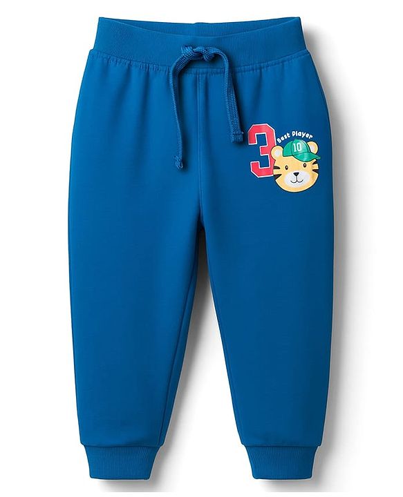 Babyhug Terry Knit Full Length Lounge Pant with Sport Print - Navy Blue