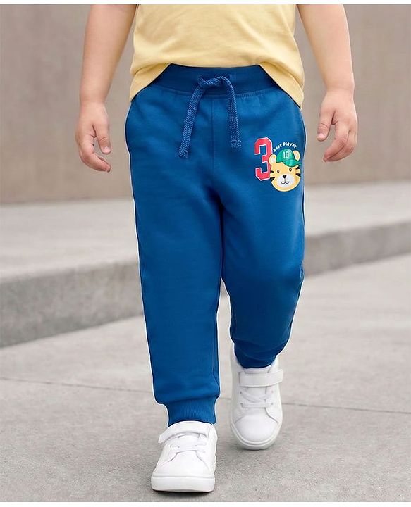 Babyhug Terry Knit Full Length Lounge Pant with Sport Print - Navy Blue