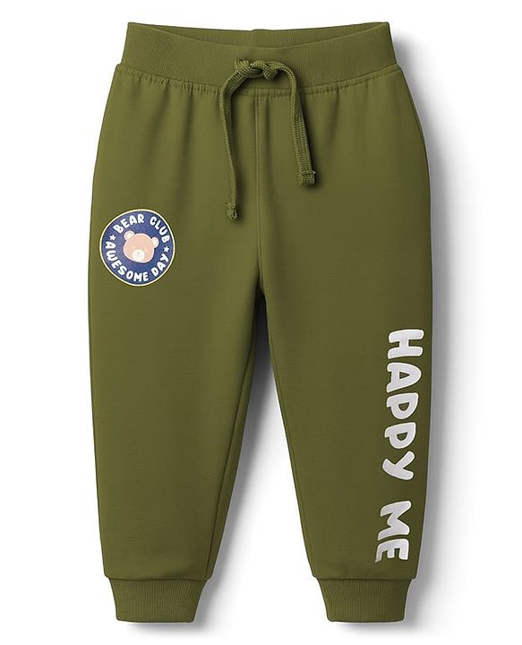 Babyhug Terry Knit Full Length Lounge Pant With Happy Me Print - Olive Green