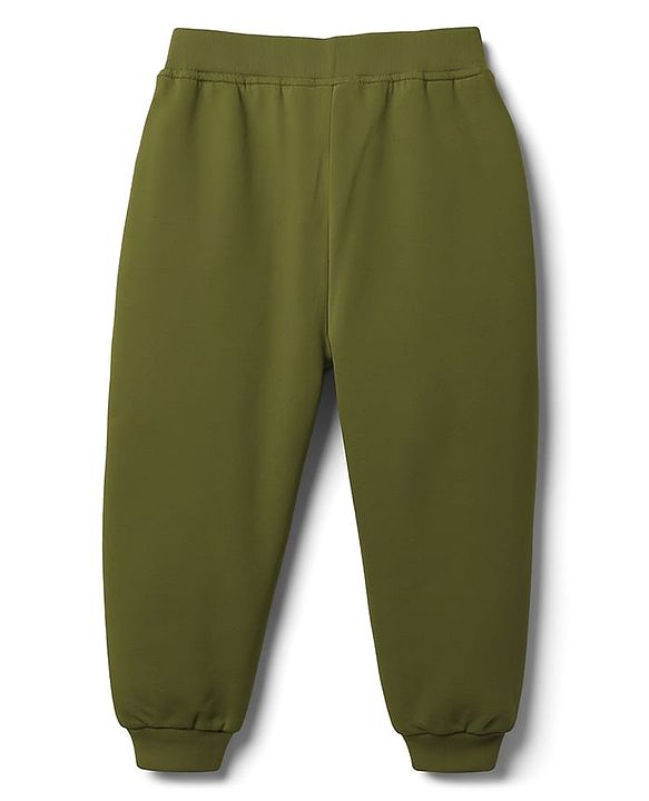 Babyhug Terry Knit Full Length Lounge Pant With Happy Me Print - Olive Green