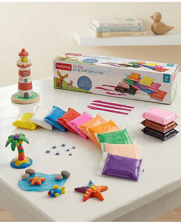 Babyhug Air Clay Art & Craft Set for Kids - Pack of 12 with 3 Sculpting Tools & 6 Eye Packs Enhances Creativity & Imagination Play Clay For 3 to 10 Years Kids Birthday Return Gift.
