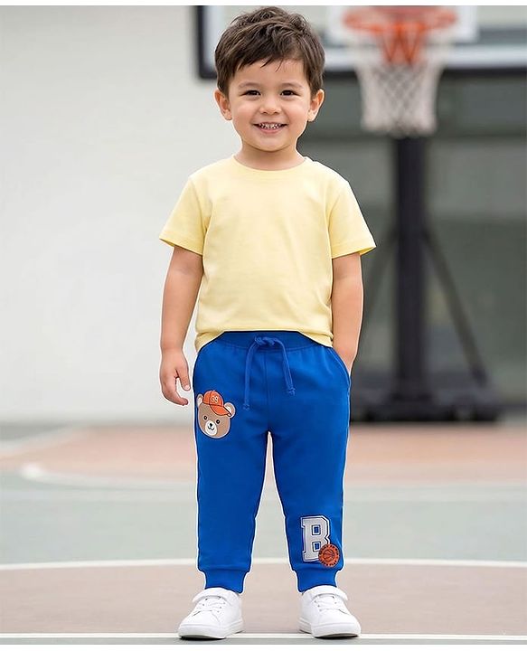 Babyhug Cotton Knit Full Length Lounge Pant with Bear Graphic - Blue