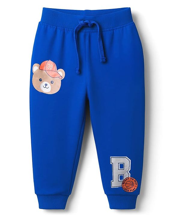 Babyhug Cotton Knit Full Length Lounge Pant with Bear Graphic - Blue