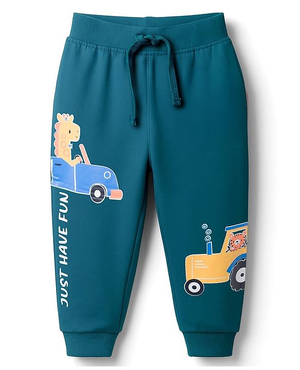 Babyhug Terry Knit Full Length Lounge Pant With Vehicle Print - Green