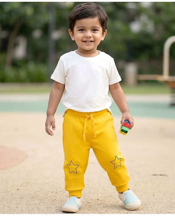 Babyhug Terry Knit Full Length Lounge Pant With Star Print - Yellow