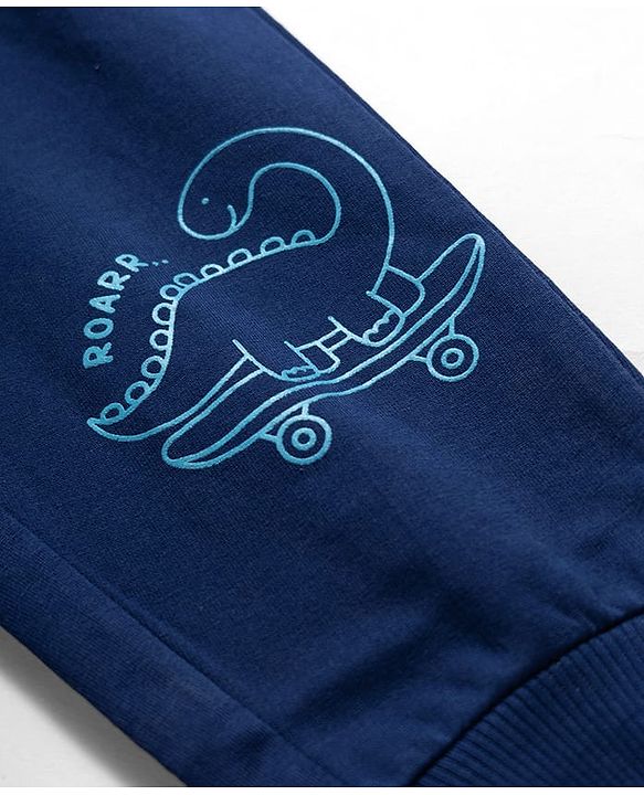 Babyhug Cotton Terry Knit Full Length Lounge Pant With Dino Print - Navy Blue