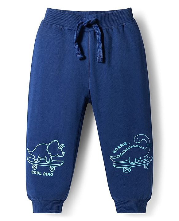 Babyhug Cotton Terry Knit Full Length Lounge Pant With Dino Print - Navy Blue