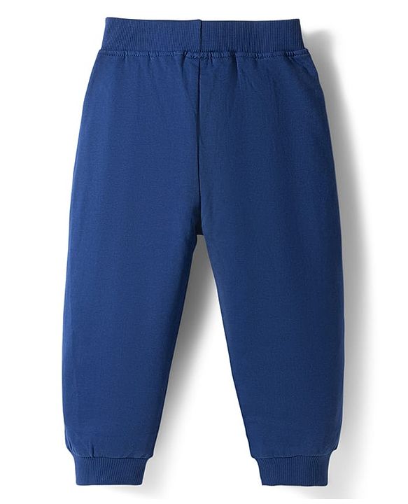 Babyhug Cotton Terry Knit Full Length Lounge Pant With Dino Print - Navy Blue