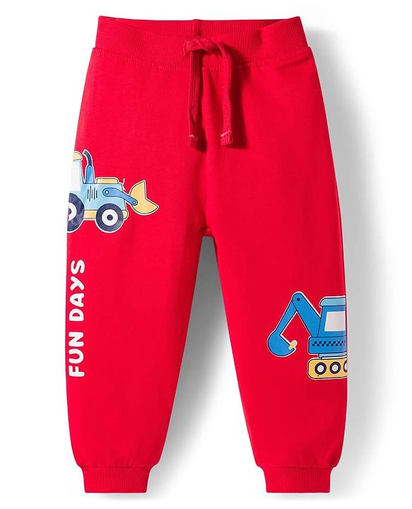Babyhug Cotton Terry Knit Full Length Lounge Pant With Vehicle Print - Red