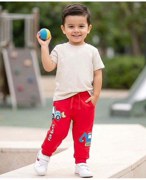 Babyhug Cotton Terry Knit Full Length Lounge Pant With Vehicle Print - Red