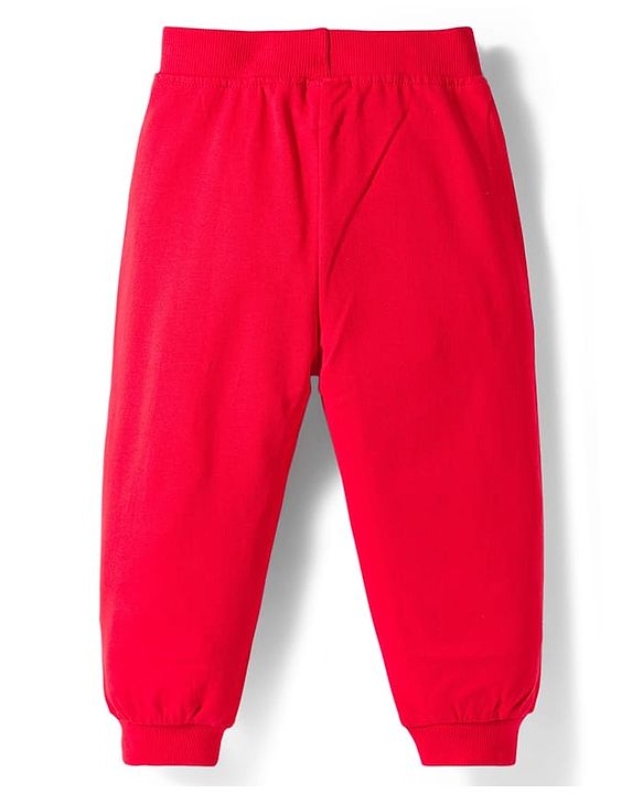Babyhug Cotton Terry Knit Full Length Lounge Pant With Vehicle Print - Red